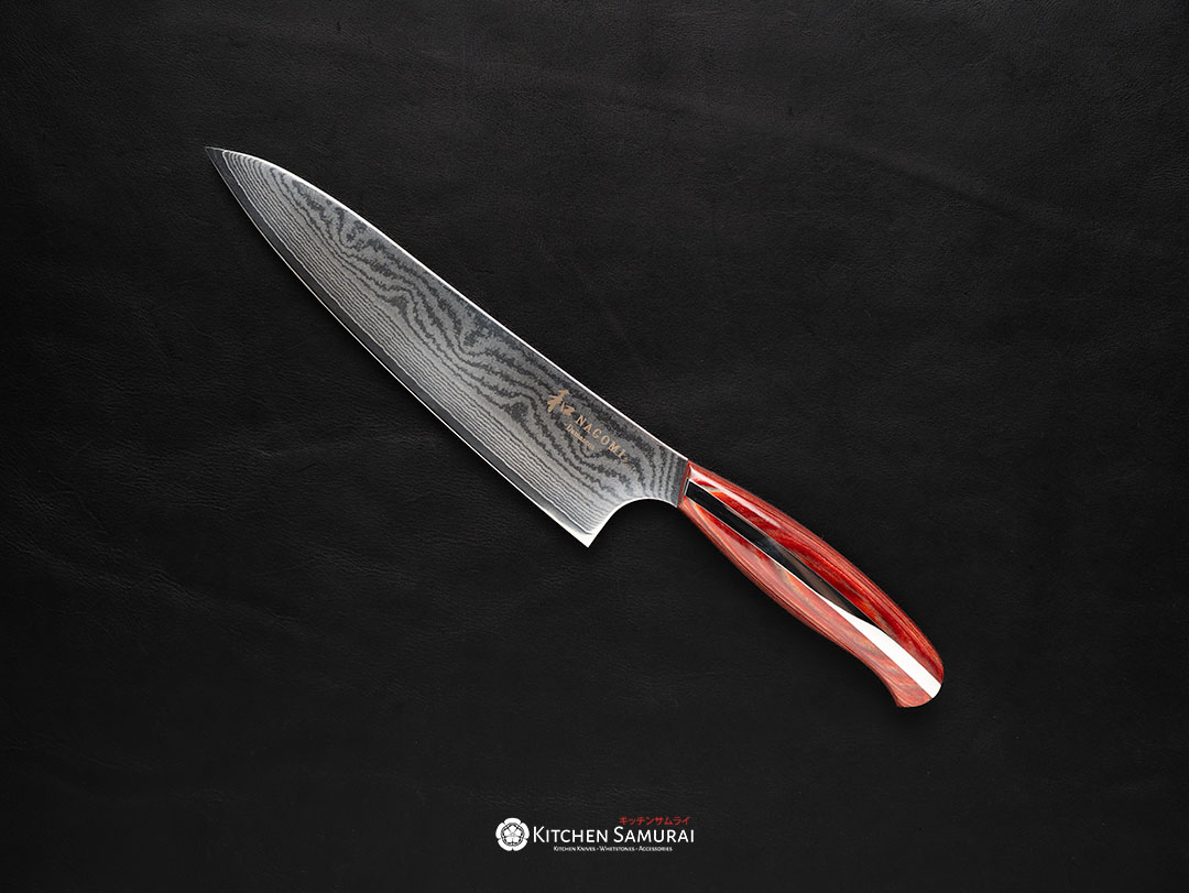 NAGOMI Damascus VG10 Gyuto 205mm Nagomi Damascus VG10 Gyuto 205mm kitchen knife with patterned blade and red wood handle