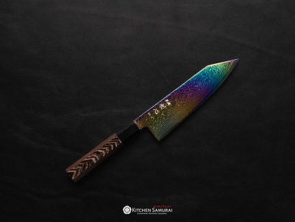 Hatsukokoro Ryuhyo Rainbow Damascus Bunka 170mm chef’s knife with Wenge handle and buffalo horn collar
