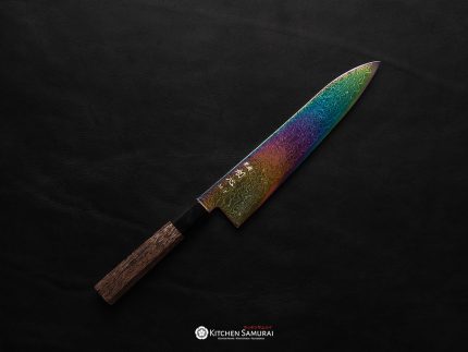 Hatsukokoro Ryuhyo Rainbow Damascus Gyuto 210mm chef’s knife with Wenge handle and buffalo horn collar