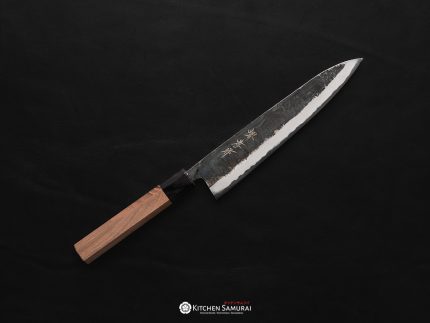 Sakai Takayuki Kurouchi Blue #2 Gyuto 210mm chef’s knife with black blade finish and octagonal walnut handle