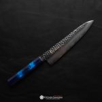 Sakai Takayuki Nanairo Damascus Gyuto 210mm chef’s knife with hammered Damascus blade and contrasting light and dark blue handle