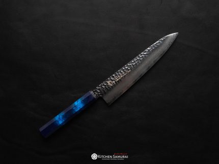 Sakai Takayuki Nanairo Damascus Gyuto 210mm chef’s knife with hammered Damascus blade and contrasting light and dark blue handle