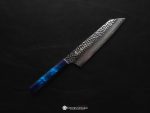 Sakai Takayuki Nanairo Damascus Kengata Gyuto 190mm with angled tip, hammered Damascus blade and contrasting light and dark blue handle
