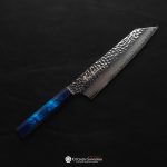 Sakai Takayuki Nanairo Damascus Kengata Gyuto 190mm with angled tip, hammered Damascus blade and contrasting light and dark blue handle