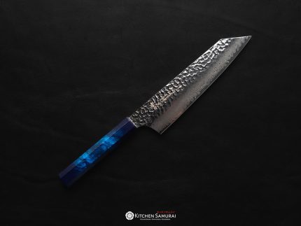 Sakai Takayuki Nanairo Damascus Kengata Gyuto 190mm with angled tip, hammered Damascus blade and contrasting light and dark blue handle