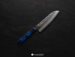 Sakai Takayuki Nanairo Damascus Santoku 170mm with hammered Damascus blade and contrasting light and dark blue handle