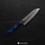 Sakai Takayuki Nanairo Damascus Santoku 170mm with hammered Damascus blade and contrasting light and dark blue handle