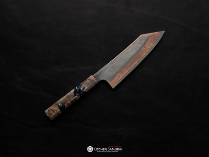 Hatsukokoro Yorokobi SLD Rainbow Damascus Bunka 180mm made by Nigara Hamono with copper Damascus blade and grey stabilised burl handle